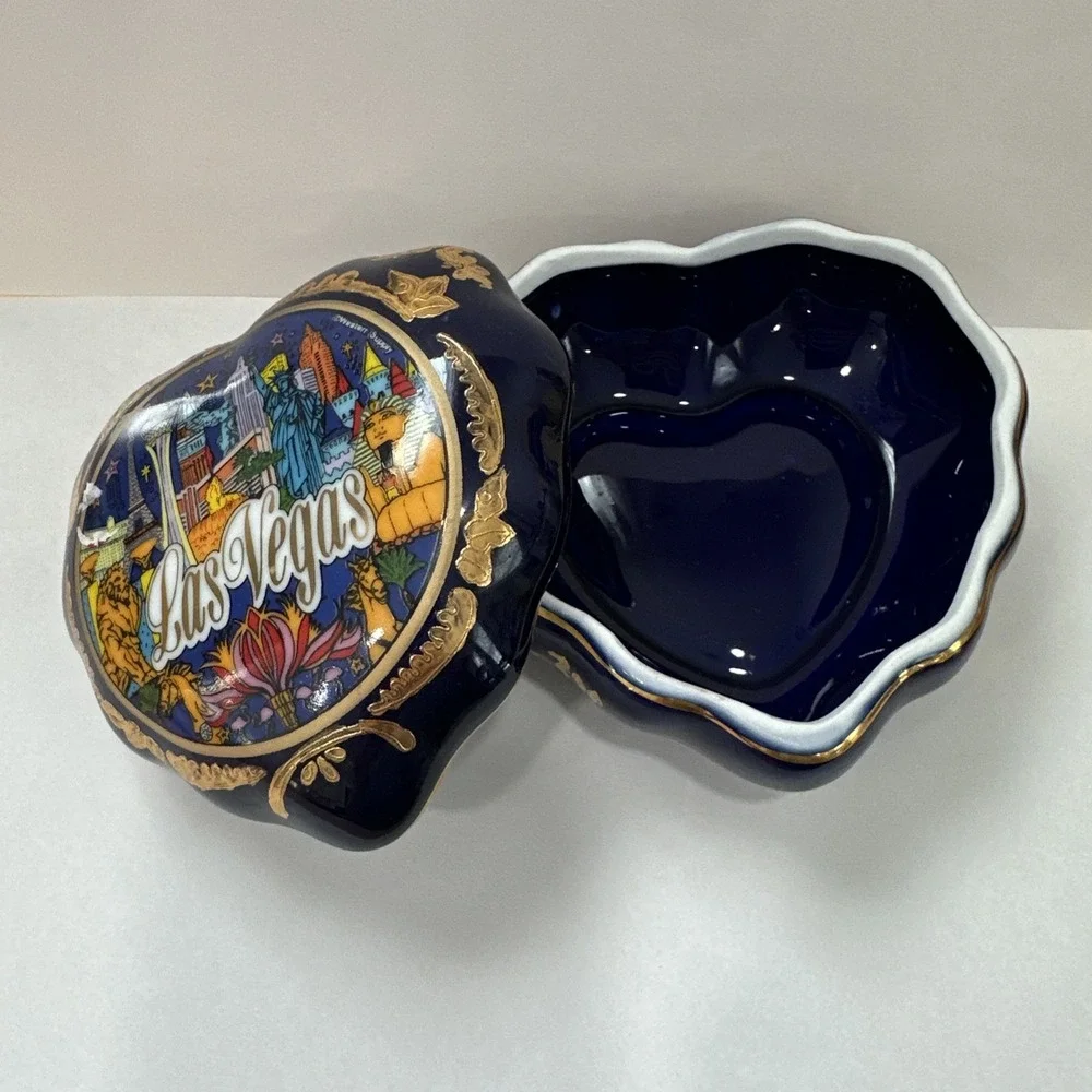 Vintage Las Vegas Ceramic Heart Trinket Box Cobalt Blue Gold Souvenir Jewelry